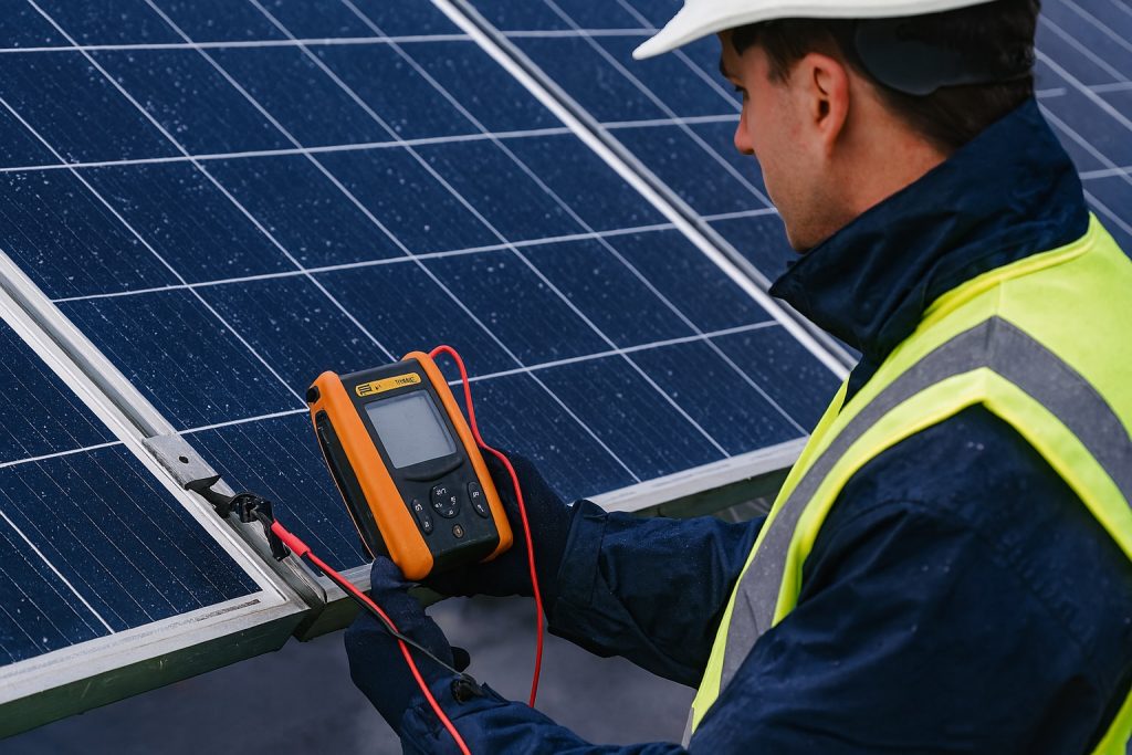 Electrician testing solar panel system with multimeter during fault-finding inspection, wearing high-vis vest and hard hat on rooftop installation