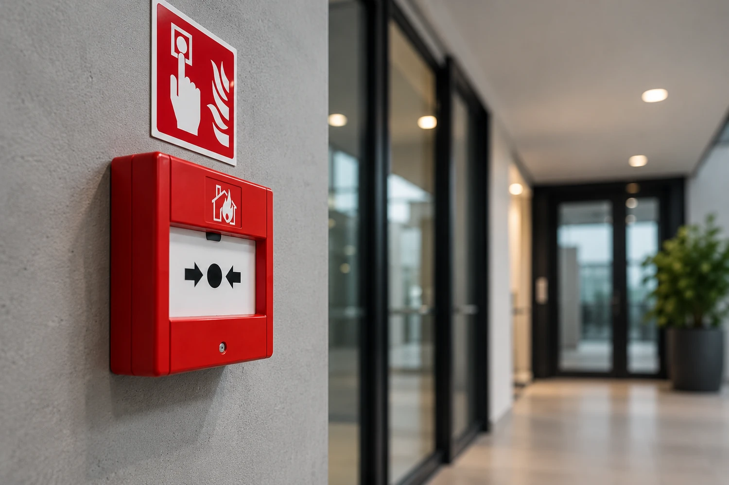 Red fire alarm call point installed on a wall in a modern commercial office corridor, representing professional fire alarm testing services by M J Wallace.